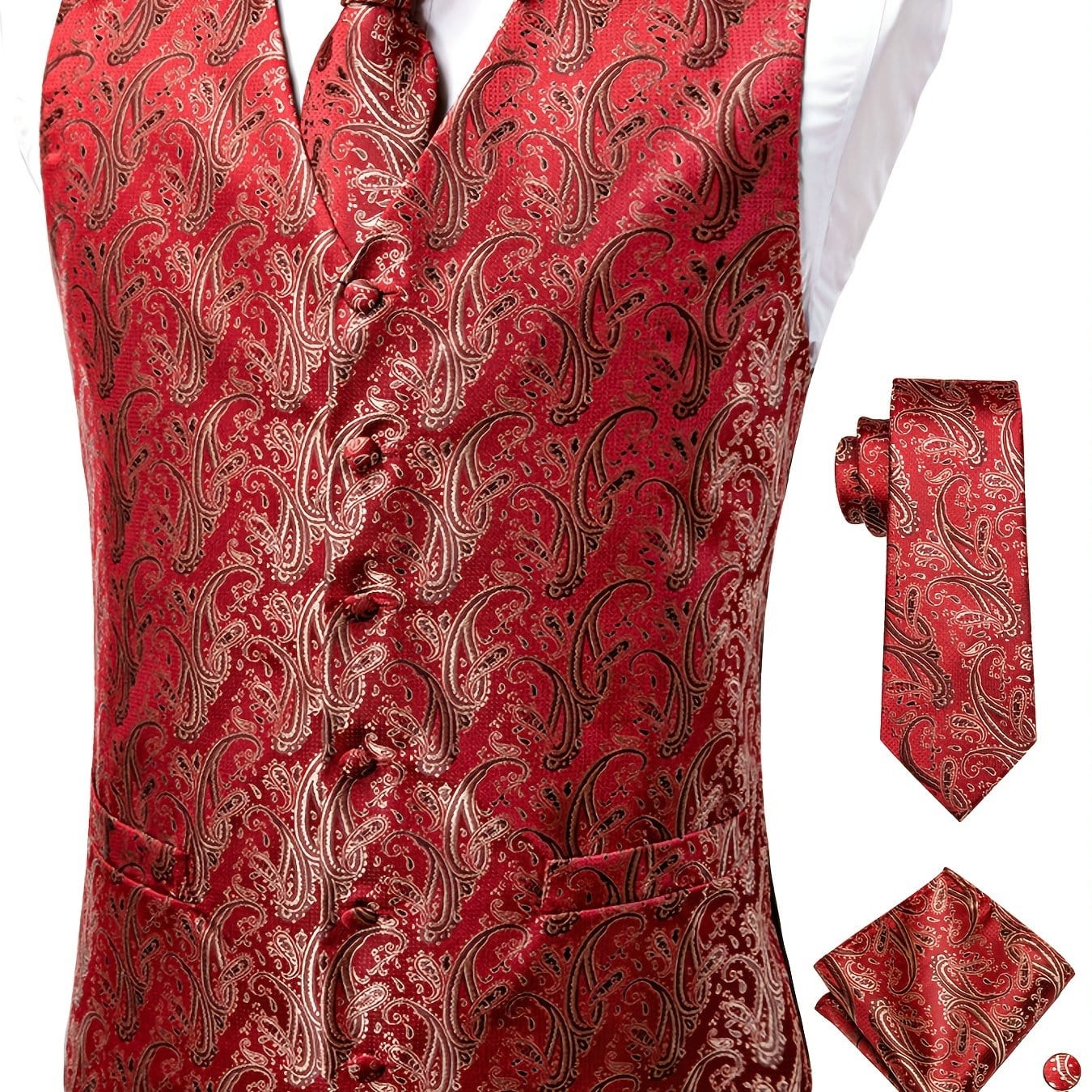 Men's Vintage Elegant Fit Sleeveless Vest Set With Floral Print, Formal Suit Waistcoat & Tie & Cufflinks & Hanky For Wedding Party Business