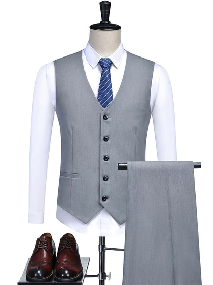 Men's Classic Gentlemen Formal Suits With Slim Fit V-neck Vest Jacket & Pants Set For Party Business