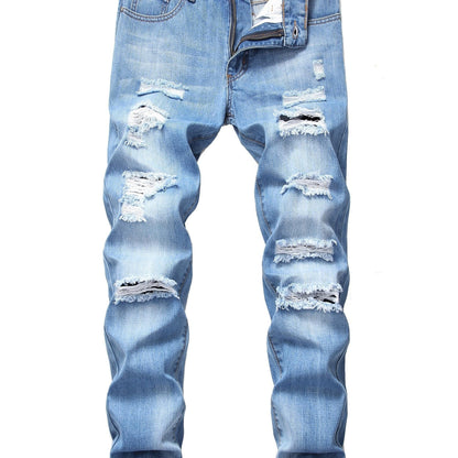 Men's Ripped Distressed Slim Fit Straight Leg Denim Jeans