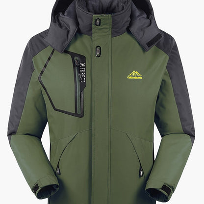 Men's Winter Outdoor Thermal Jacket, Casual Color Block Windproof Hooded Jacket With Pockets Christmas Gifts