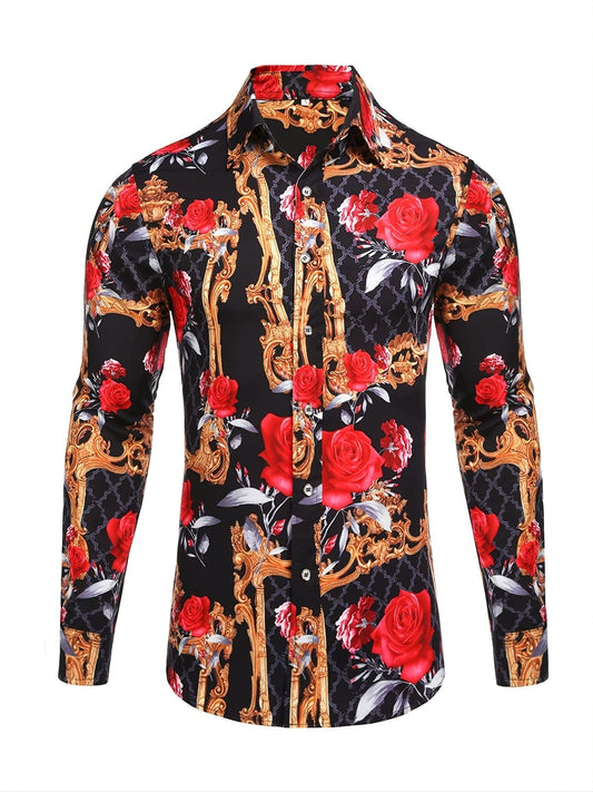 Men's Long Sleeve Luxury Design Print Dress Shirt, Casual Button Down Shirt For Party, Wedding, Banquet, Prom, Nightclub