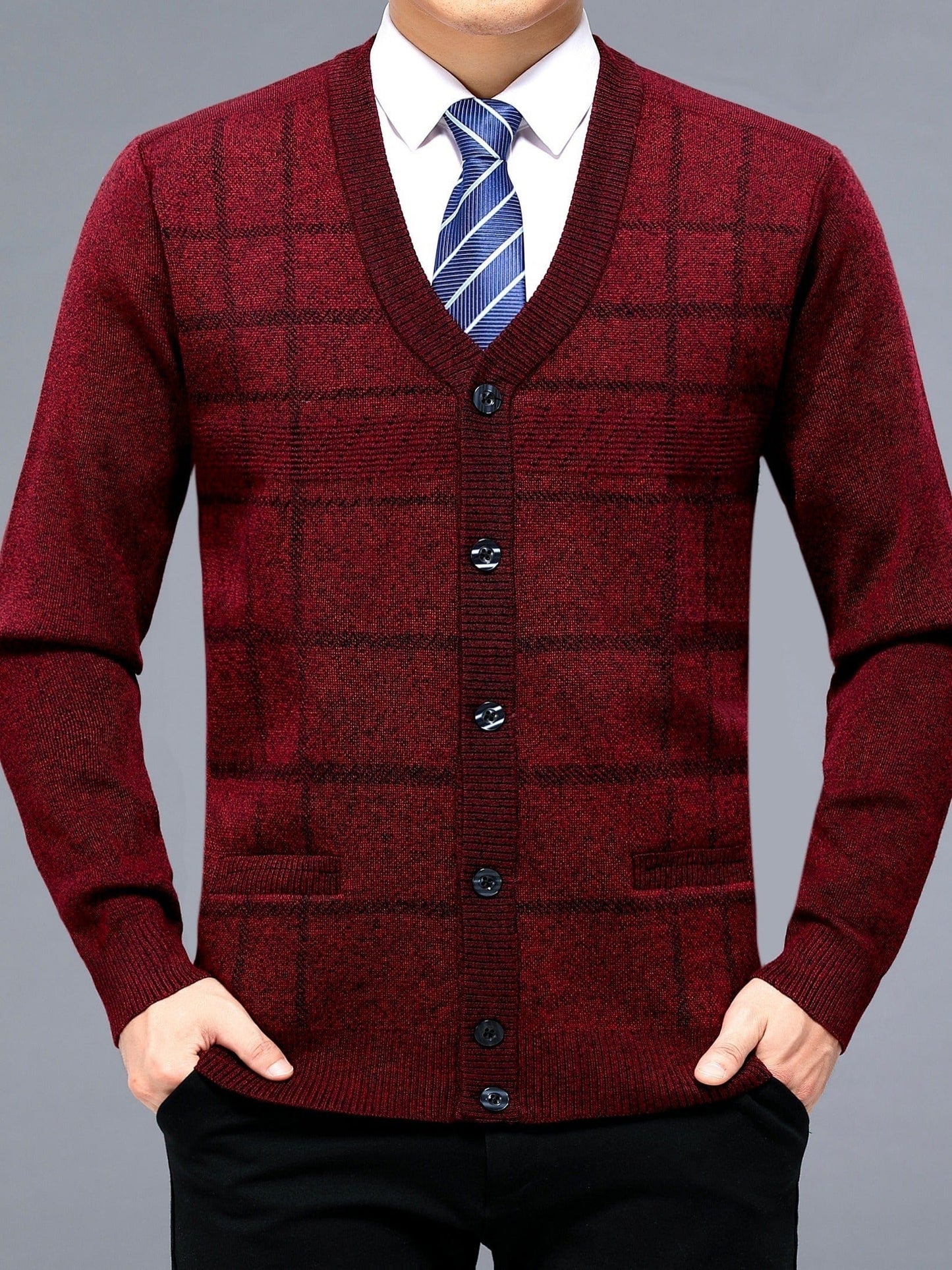 Men's Red V-neck Cardigan Button Up Sweater Plaid Knit Cardigan For Spring Fall Winter Men's Clothes