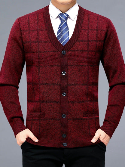 Men's Red V-neck Cardigan Button Up Sweater Plaid Knit Cardigan For Spring Fall Winter Men's Clothes