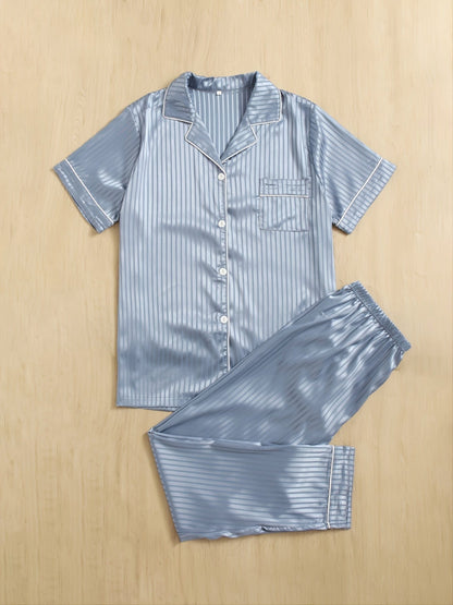 1pc Men's Satin Button Up Striped Pajama Set, Men's Sleepwear