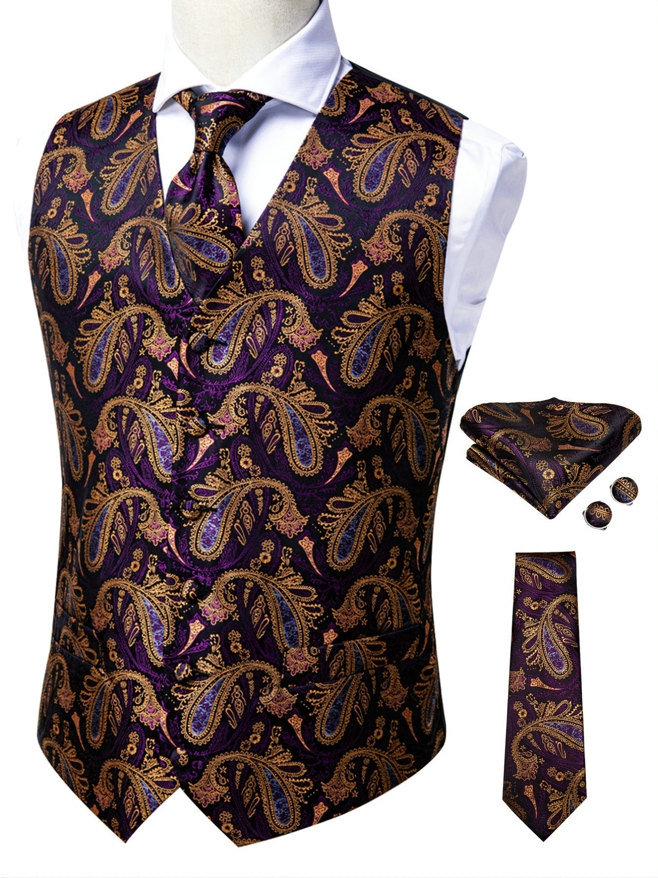 Men's Vintage Elegant Fit Sleeveless Vest Set With Floral Print, Formal Suit Waistcoat & Tie & Cufflinks & Hanky For Wedding Party Business