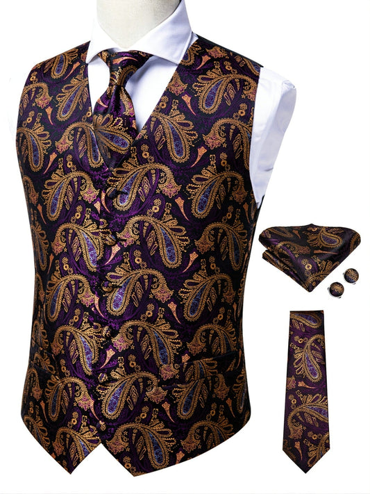 Men's Vintage Elegant Fit Sleeveless Vest Set With Floral Print, Formal Suit Waistcoat & Tie & Cufflinks & Hanky For Wedding Party Business