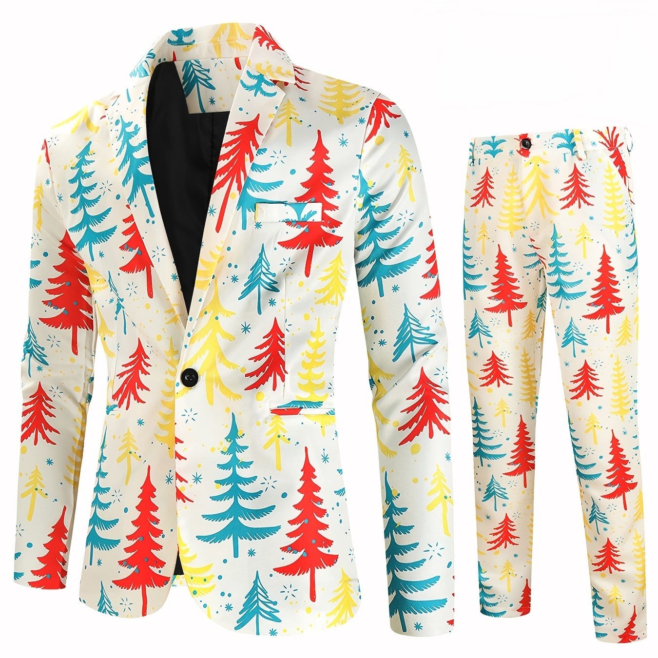 2pcs Men's Suit Jackets And Pants Funny Printed With Christmas Tree