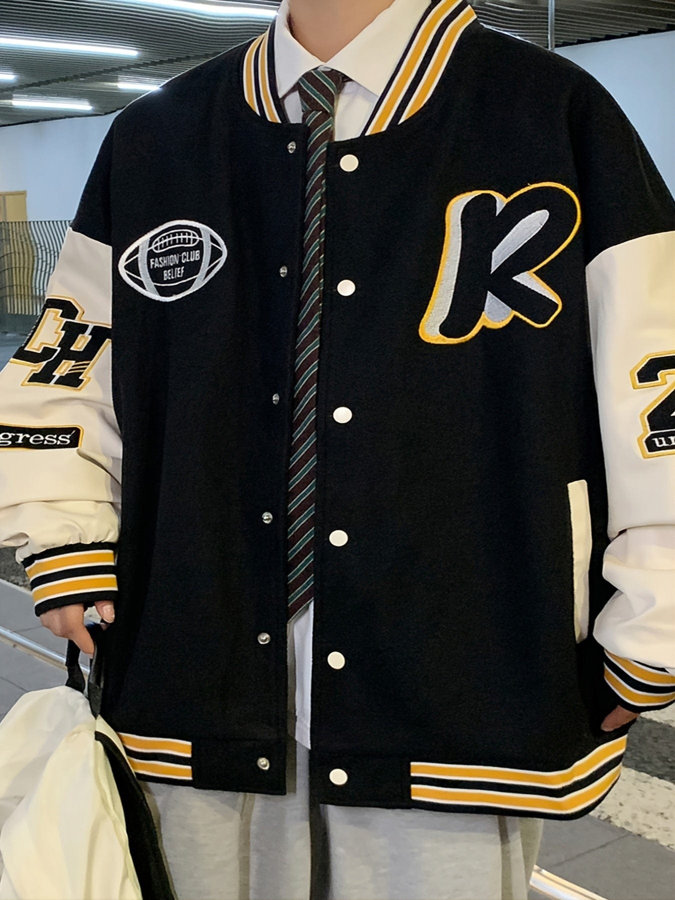 Men's Stand Collar Casual Loose Sports Jacket Color Block "R" Letter Embroidery Button Pocket Coat Top Clothes