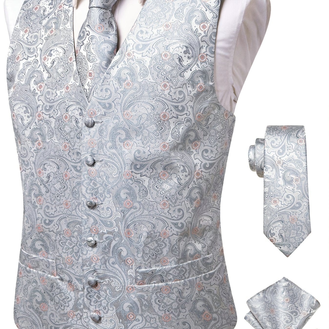 Men's Vintage Elegant Fit Sleeveless Vest Set, Formal Suit Waistcoat & Tie & Cufflinks & Hanky For Wedding Party Business