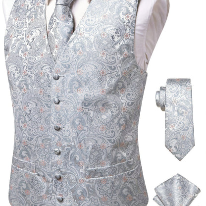Men's Vintage Elegant Fit Sleeveless Vest Set, Formal Suit Waistcoat & Tie & Cufflinks & Hanky For Wedding Party Business