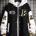 Men's Stand Collar Casual Loose Sports Jacket Color Block "R" Letter Embroidery Button Pocket Coat Top Clothes