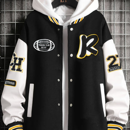 Men's Stand Collar Casual Loose Sports Jacket Color Block "R" Letter Embroidery Button Pocket Coat Top Clothes