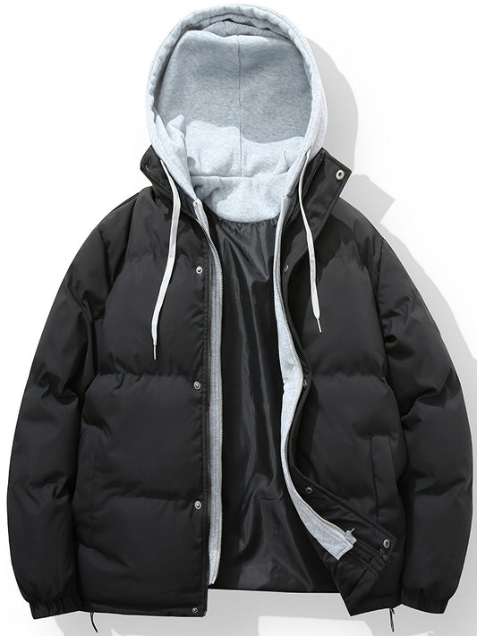 Men's Fake Two-piece With Cap Cotton-padded Jacket Coat, Autumn And Winter Couple Fashion Trend Thick Cotton Clothing