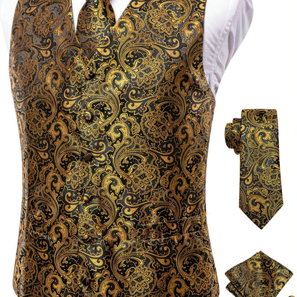 Men's Vintage Elegant Fit Sleeveless Vest Set, Formal Suit Waistcoat & Tie & Cufflinks & Hanky For Wedding Party Business