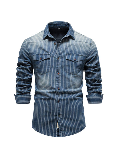Striped Stretch Men's Denim Shirts Male Jeans Casual Slim