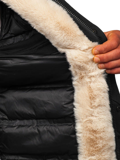 Men's Faux Fur Thickened Pocket Zipper Parka Jacket Coat For Winter