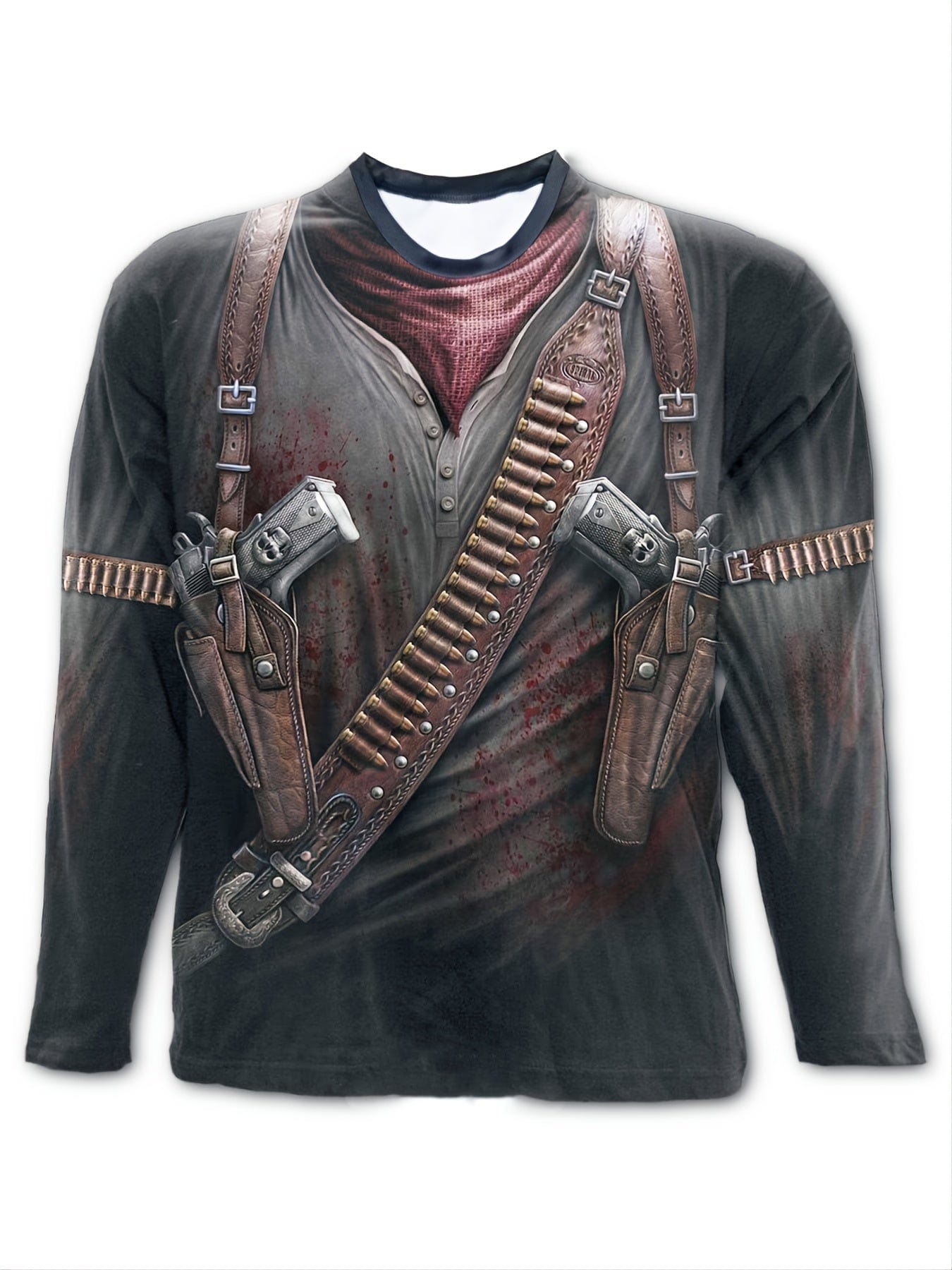 Men's Loose T-Shirt, Retro Casual Pistol Skull Print Crew Neck Long Sleeve Top