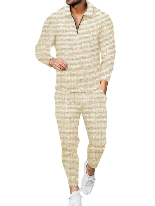 2pcs Sweatsuits For Men Khaki Lapel Long Sleeve Polos Drawstring Pant Set Christmas Gifts