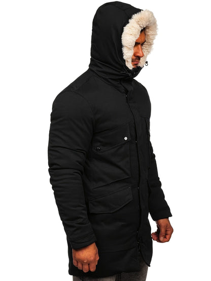 Men's Faux Fur Thickened Pocket Zipper Parka Jacket Coat For Winter