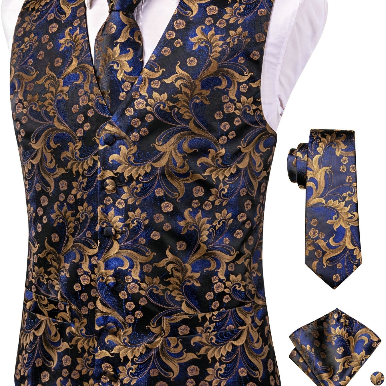 Men's Vintage Elegant Fit Sleeveless Vest Set, Formal Suit Waistcoat & Tie & Cufflinks & Hanky For Wedding Party Business
