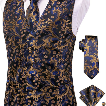 Men's Vintage Elegant Fit Sleeveless Vest Set, Formal Suit Waistcoat & Tie & Cufflinks & Hanky For Wedding Party Business
