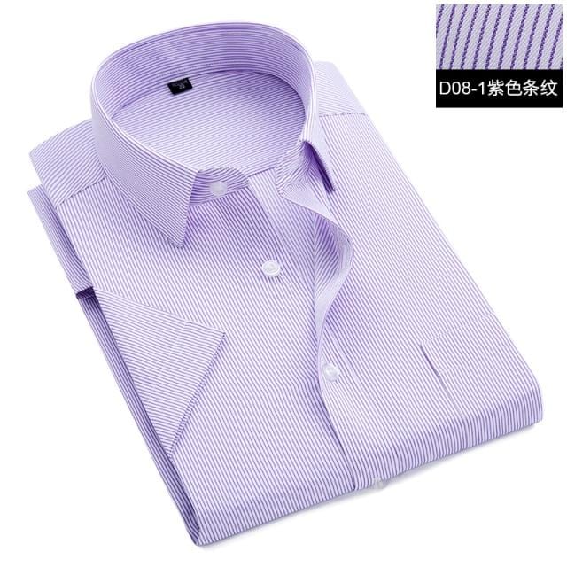 Summer S~8xl men's striped short sleeve dress shirt square collar non-iron regular fit anti-wrinkle pocket male social shirt