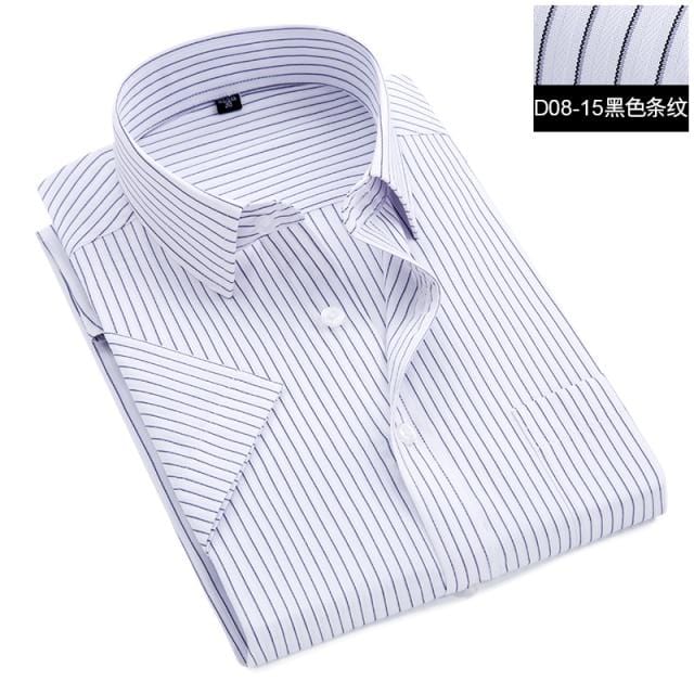 Summer S~8xl men's striped short sleeve dress shirt square collar non-iron regular fit anti-wrinkle pocket male social shirt