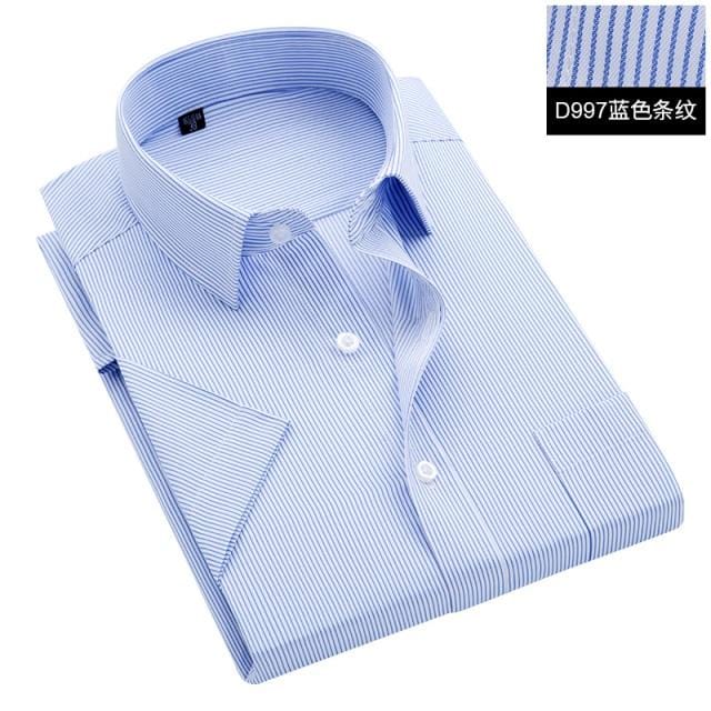 Summer S~8xl men's striped short sleeve dress shirt square collar non-iron regular fit anti-wrinkle pocket male social shirt