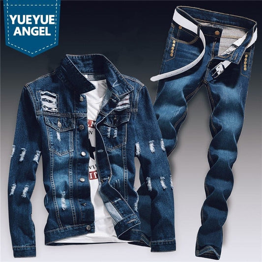 Set de două piese din denim pentru bărbați de primăvară Jachetă slim Fit cu găuri rupte Seturi de blugi pentru bărbați Casual Vintage Ropa Hombre Costum cargo Streetwear