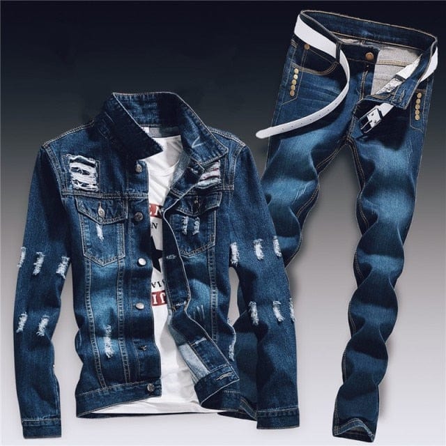 Set de două piese din denim pentru bărbați de primăvară Jachetă slim Fit cu găuri rupte Seturi de blugi pentru bărbați Casual Vintage Ropa Hombre Costum cargo Streetwear