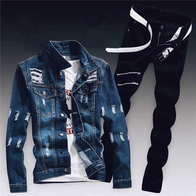 Set de două piese din denim pentru bărbați de primăvară Jachetă slim Fit cu găuri rupte Seturi de blugi pentru bărbați Casual Vintage Ropa Hombre Costum cargo Streetwear