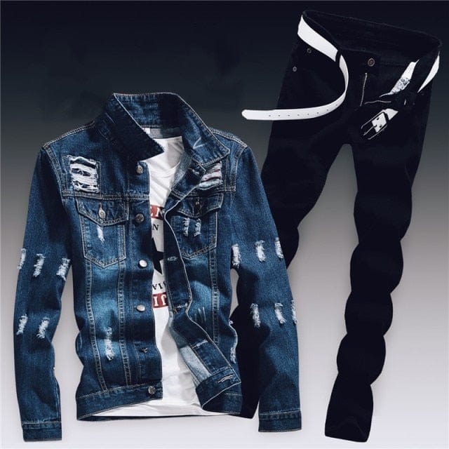 Set de două piese din denim pentru bărbați de primăvară Jachetă slim Fit cu găuri rupte Seturi de blugi pentru bărbați Casual Vintage Ropa Hombre Costum cargo Streetwear