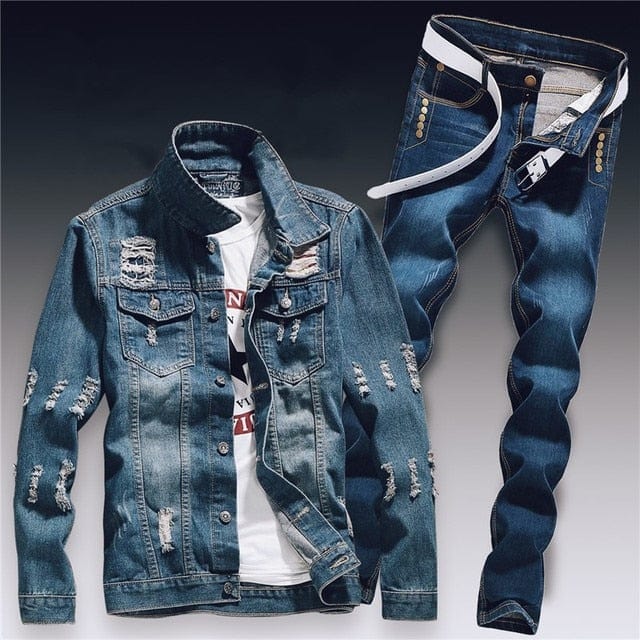 Spring Mens Denim Two Piece Set Hole Ripped Slim Fit Jacket Jeans Sets Male Casual Vintage Ropa Hombre Cargo Suit Streetwear