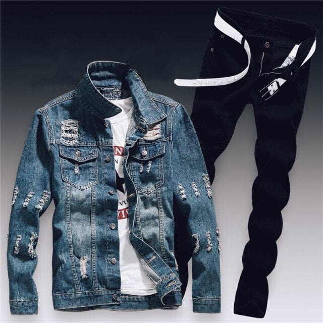 Set de două piese din denim pentru bărbați de primăvară Jachetă slim Fit cu găuri rupte Seturi de blugi pentru bărbați Casual Vintage Ropa Hombre Costum cargo Streetwear