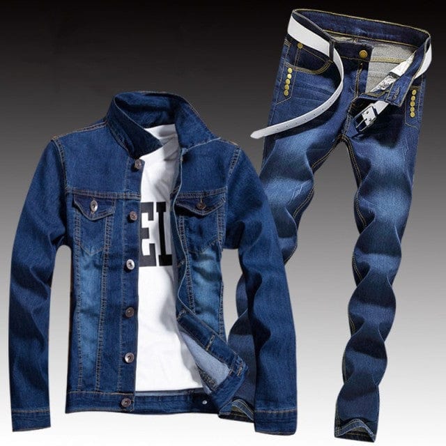 Set de două piese din denim pentru bărbați de primăvară Jachetă slim Fit cu găuri rupte Seturi de blugi pentru bărbați Casual Vintage Ropa Hombre Costum cargo Streetwear