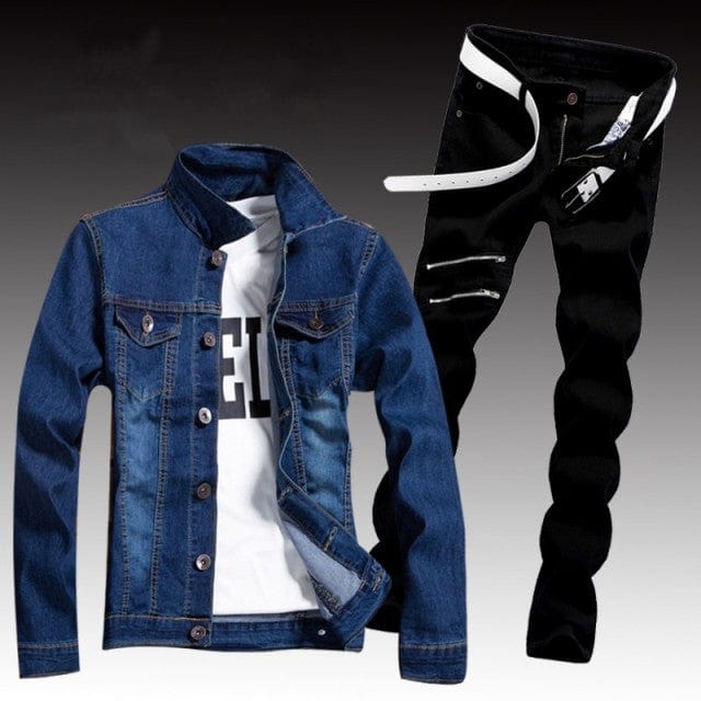 Set de două piese din denim pentru bărbați de primăvară Jachetă slim Fit cu găuri rupte Seturi de blugi pentru bărbați Casual Vintage Ropa Hombre Costum cargo Streetwear