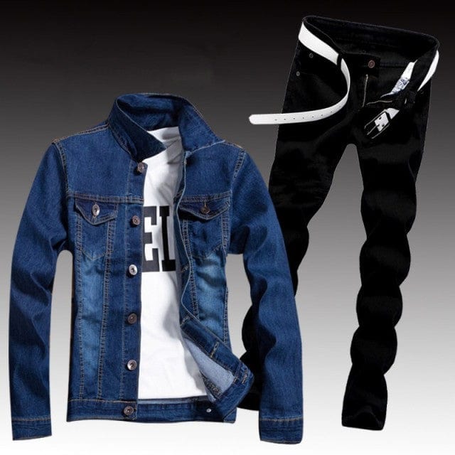 Set de două piese din denim pentru bărbați de primăvară Jachetă slim Fit cu găuri rupte Seturi de blugi pentru bărbați Casual Vintage Ropa Hombre Costum cargo Streetwear