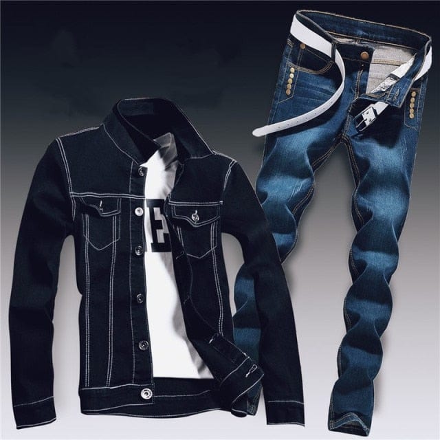 Set de două piese din denim pentru bărbați de primăvară Jachetă slim Fit cu găuri rupte Seturi de blugi pentru bărbați Casual Vintage Ropa Hombre Costum cargo Streetwear