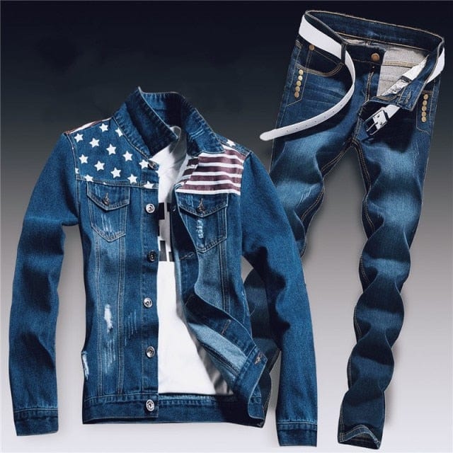 Set de două piese din denim pentru bărbați de primăvară Jachetă slim Fit cu găuri rupte Seturi de blugi pentru bărbați Casual Vintage Ropa Hombre Costum cargo Streetwear