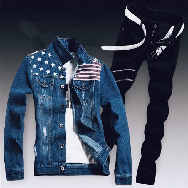 Set de două piese din denim pentru bărbați de primăvară Jachetă slim Fit cu găuri rupte Seturi de blugi pentru bărbați Casual Vintage Ropa Hombre Costum cargo Streetwear