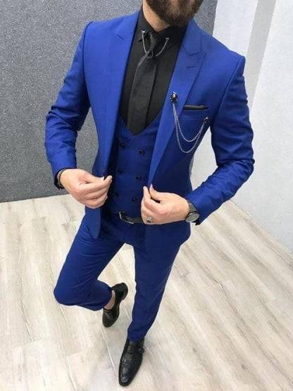 2020 Three Piece Royal Blue Men Suits Peaked Lapel Custom Made Wedding Tuxedos Slim Fit Male Suits (Jacket + Pants + Vest+Tie)