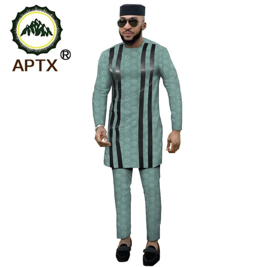 APTX jacquard fabric cotton Muslim suit for men tailor made full sleeves top+ slim pants men's casual suit T1916021