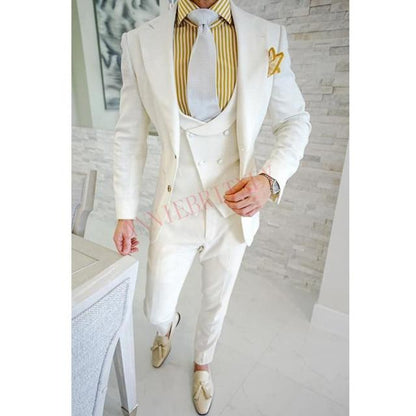 Fashion Lattice Men's Suit Slim Fit Prom Wedding Suits for Men Groom Tuxedo Jacket Pants Set Custom White Casual Men Blazer
