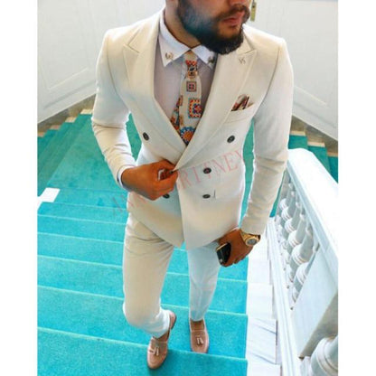 Fashion Lattice Men's Suit Slim Fit Prom Wedding Suits for Men Groom Tuxedo Jacket Pants Set Custom White Casual Men Blazer