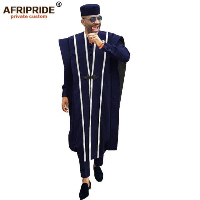 African Men Clothing Agbada Robe Dashiki Shirts Ankara Pants Tribal Hat Wedding Evening Outfits 4 Pieces AFRIPRIDE A1816011