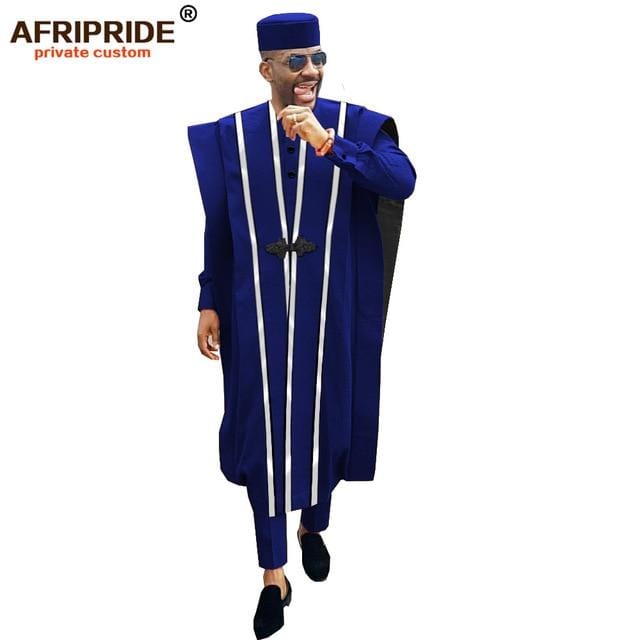 African Men Clothing Agbada Robe Dashiki Shirts Ankara Pants Tribal Hat Wedding Evening Outfits 4 Pieces AFRIPRIDE A1816011