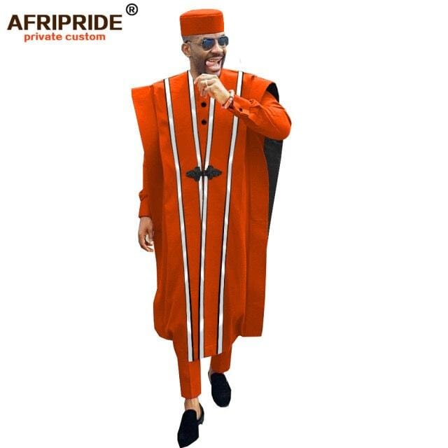 African Men Clothing Agbada Robe Dashiki Shirts Ankara Pants Tribal Hat Wedding Evening Outfits 4 Pieces AFRIPRIDE A1816011