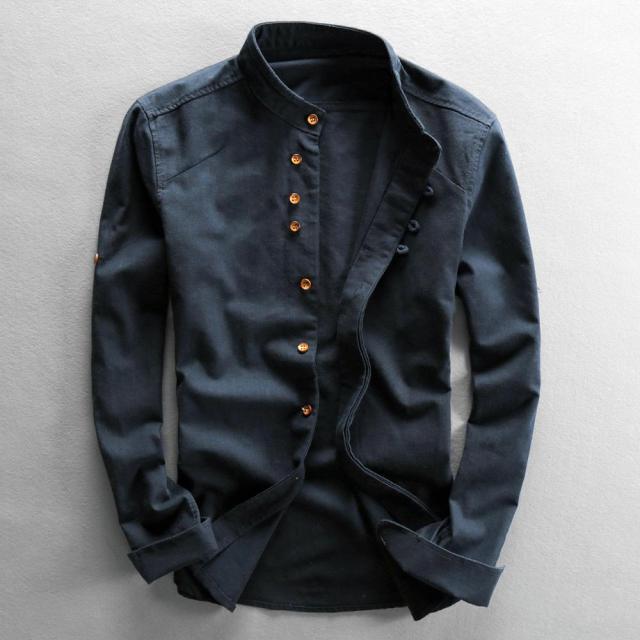Men Spring Autumn Fashion Japan Vintage Style Premium Linen Stand Collar Slim Fit Single Breasted Simple Design Casual Shirts