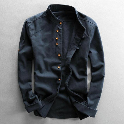 Men Spring Autumn Fashion Japan Vintage Style Premium Linen Stand Collar Slim Fit Single Breasted Simple Design Casual Shirts