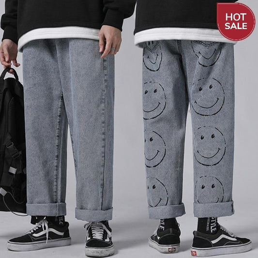 Fashion Mens Vintage Washed Jeans Hip Hop Smile Face Printed Loose Fit Denim Pants Harajuku Urban Style Dad Jean Trousers Male